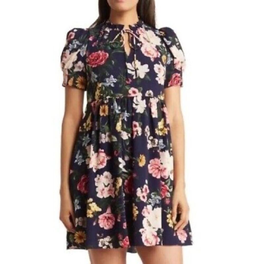 Vince Camuto Floral Navy Puff Sleeve Mini Dress Women’s Sz 2